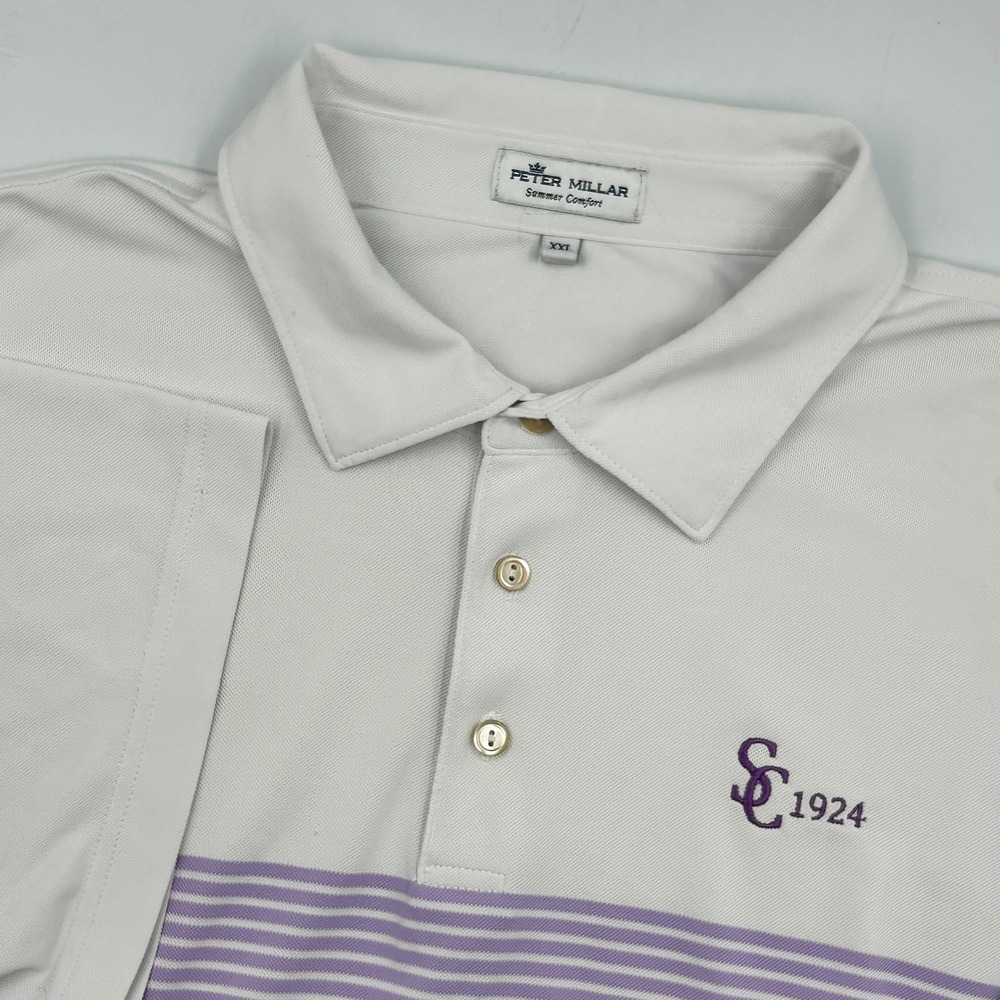 Peter Millar Polo Shirt White Purple Mens XXL Summer Comfort Striped Golf